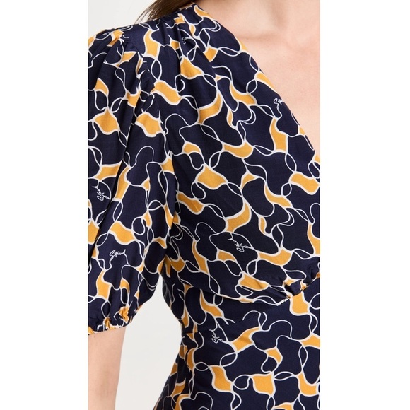 STAUD 90s Navy Abstract Print Puff Short‎ Sleeve V-Neck Empire Waist Dress 10 - Picture 7 of 7